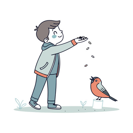 Boy feeding a bullfinch. Vector illustration in cartoon style.のイラスト素材