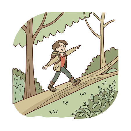 Little boy on a wooden board in the forest. Vector illustration.のイラスト素材