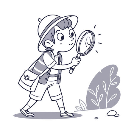 Cute little explorer boy with magnifying glass. Vector illustration.のイラスト素材