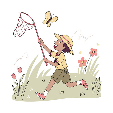 Girl catching butterflies with net. Vector illustration in doodle styleのイラスト素材