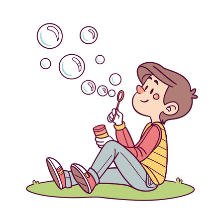 Boy blowing soap bubbles. Vector illustration in doodle style.のイラスト素材