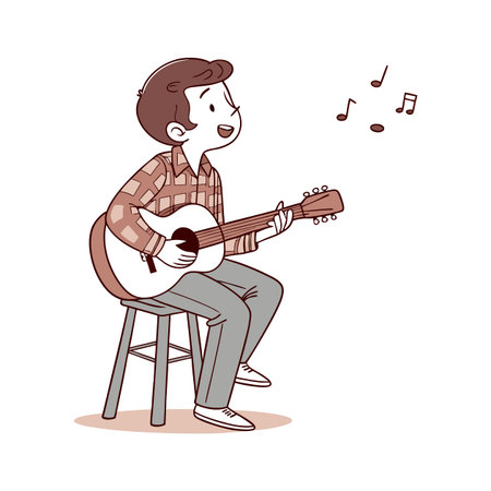 Young man playing guitar. Vector illustration in cartoon style isolated on white background.のイラスト素材
