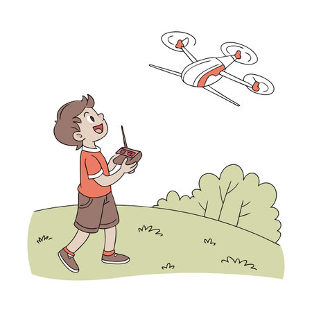 Cute little boy playing with a drone in the park. Vector illustrationのイラスト素材