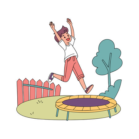 Happy boy jumping on trampoline and having fun vector illustration graphic designのイラスト素材