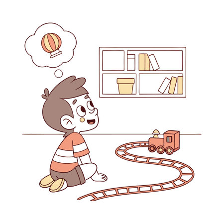 Little boy playing with toy train. Vector illustration in cartoon style.のイラスト素材