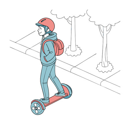 Young man riding on electric scooter in the park. Vector illustration.