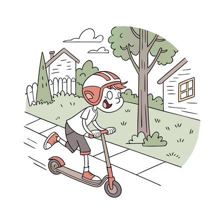Cute cartoon boy riding scooter in the park. Vector illustration.のイラスト素材