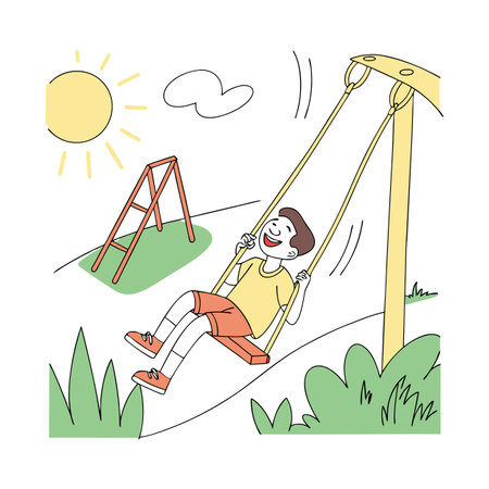 Boy swinging on a swing. Vector illustration in doodle styleのイラスト素材