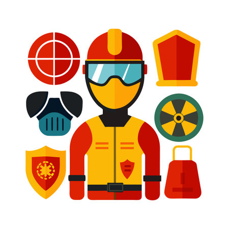 Firefighter flat icons set. Vector illustration of fireman icons.のイラスト素材