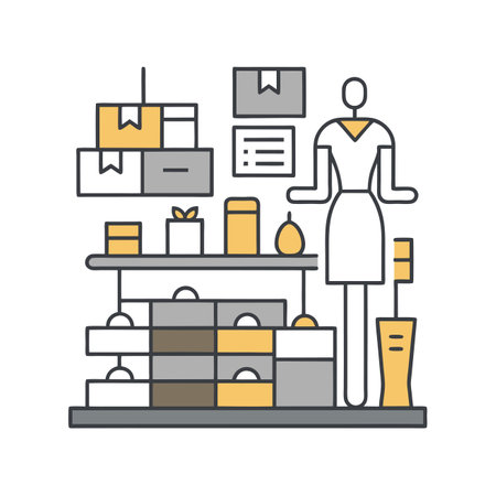 Flat line design icon of a woman standing in front of a shelf with boxesのイラスト素材