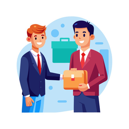 Businessman giving briefcase to another businessman. Vector illustration in flat styleのイラスト素材