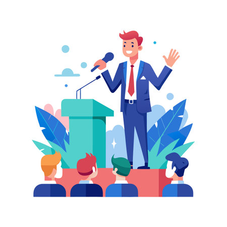 Public speaking vector illustration. Cartoon man in business suit speaking from tribune.のイラスト素材