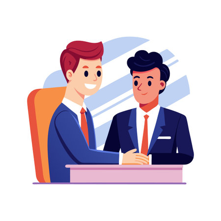 Two businessmen sitting at the table and talking. Vector illustration in flat styleのイラスト素材