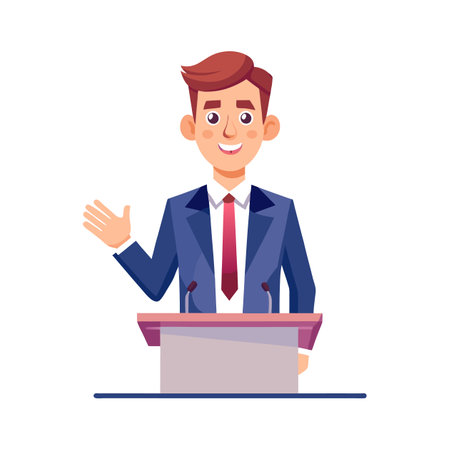 Businessman speaking from tribune. Vector illustration in cartoon style.のイラスト素材