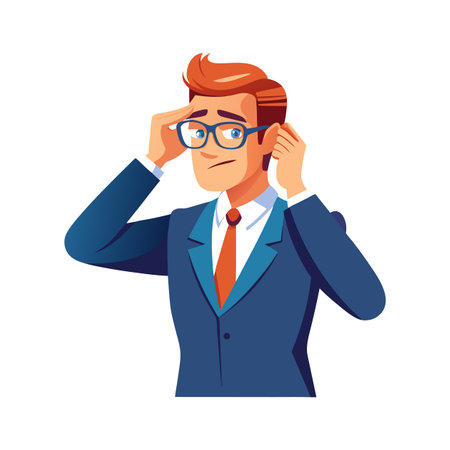 Businessman suffering from headache, migraine, stress. Cartoon character vector Illustrationのイラスト素材