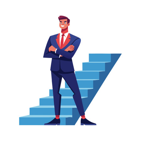 Businessman in Dynamic Power Pose on Staircaseのイラスト素材