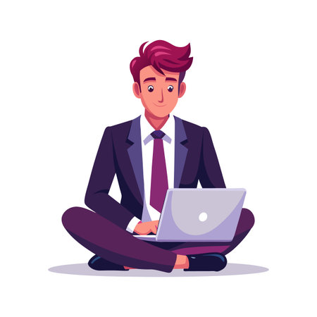 Young businessman sitting on the floor with laptop. Vector illustration in cartoon styleのイラスト素材