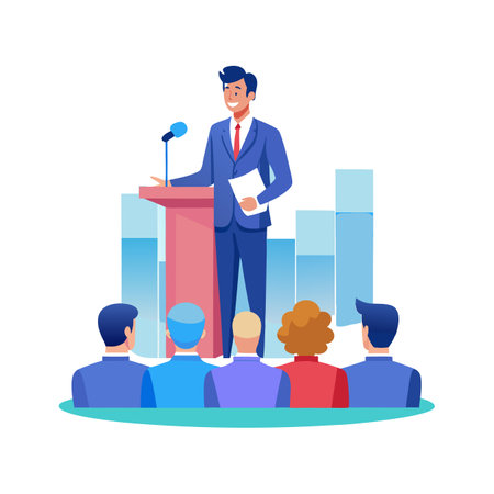 Businessman on podium speaking from tribune vector illustration. Businessman speaking from tribune, speaking from tribune in conference hall. Public speaking conceptのイラスト素材