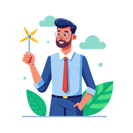 Inspiring Teacher Presenting Small Windmill Model for Learningのイラスト素材