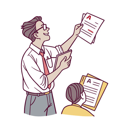 Knowledgeable Male Teacher Reviewing Stack of Papersのイラスト素材
