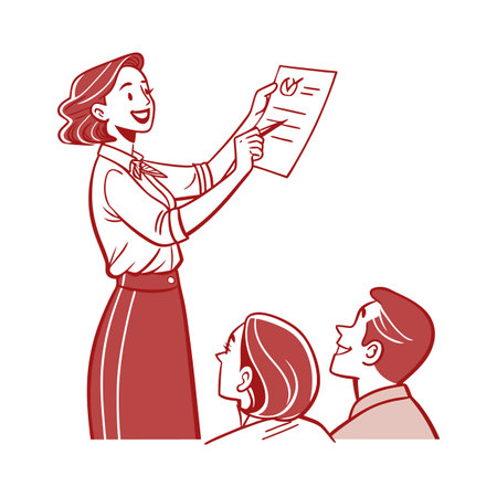 Inspiring Teacher Holding Report Card and Smilingのイラスト素材