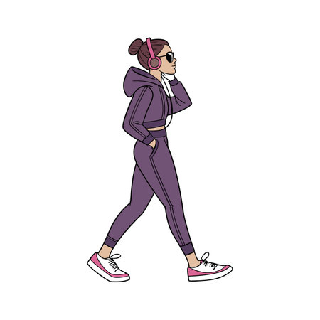 Young woman listening music with headphones, cartoon vector illustration isolated on white background.のイラスト素材