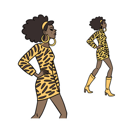 African american woman with afro hairstyle in leopard dressのイラスト素材