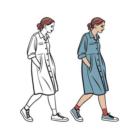 Two women walking. Vector illustration in sketch style on a white background.のイラスト素材