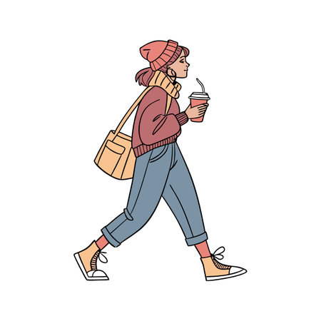 Vector illustration of a young woman walking with a paper cup of coffeeのイラスト素材