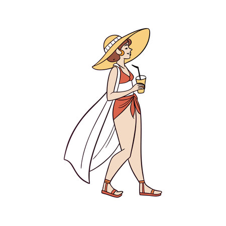 Woman in a straw hat with a cocktail in her hand. Vector illustrationのイラスト素材