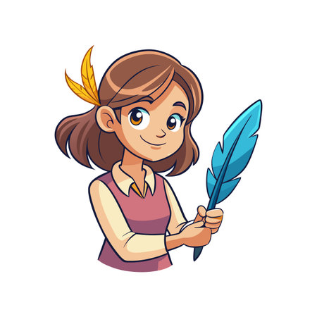 Girl Engaging in Writing with Toy Featherのイラスト素材