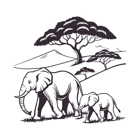 Elephants and acacia tree. African safari. Vector illustrationのイラスト素材