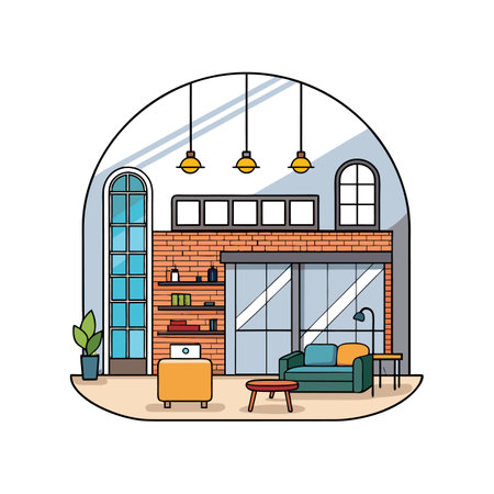 Unique Urban Loft Design with Large Windowsのイラスト素材