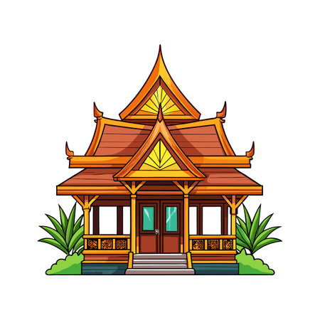 Charming Thai Wooden House with Roofのイラスト素材