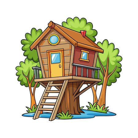 Charming Treehouse with Planks and Ladderのイラスト素材