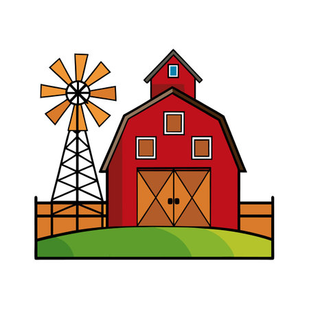Elegant Red Barn with Windmillのイラスト素材