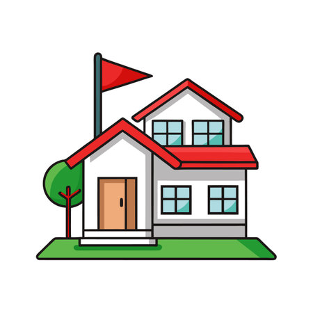 Charming House with Red Flag in Yardのイラスト素材