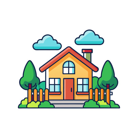 Charming Home with Small Garden and Fenceのイラスト素材