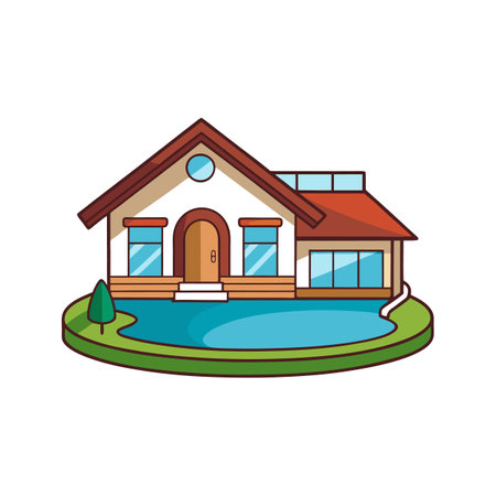 Charming House Featuring Beautiful Patio and Poolのイラスト素材