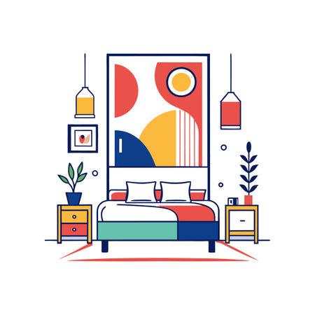 Chic Bedroom with Minimalist Wall Art Designのイラスト素材