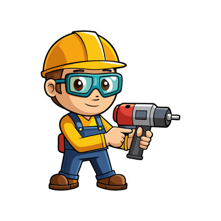 Employee Actively Using Power Drill for Tasksのイラスト素材