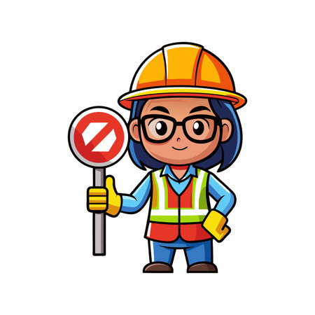 Cartoon of Worker with Traffic Stop Signのイラスト素材