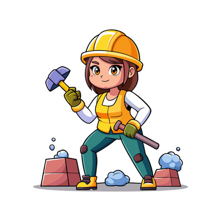 Hardworking Female Worker Using Demolition Hammerのイラスト素材