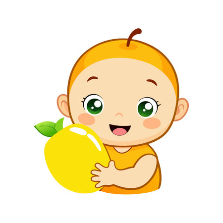 Cute baby in mango costume holding fruitのイラスト素材