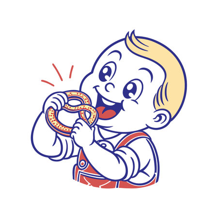 Cute boy enjoying pretzel, cartoon style illustrationのイラスト素材