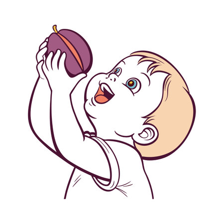 Happy Baby With Plum, Fresh Fruit Illustrationのイラスト素材