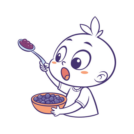 Cute cartoon baby eating fruit from bowl with spoonのイラスト素材