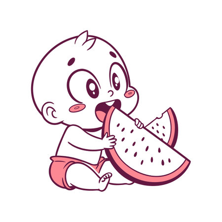 Cartoon baby eating slice of watermelon icon vectorのイラスト素材