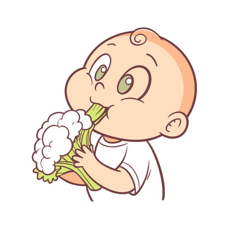 Cute baby eating raw cauliflower cartoon illustration vectorのイラスト素材