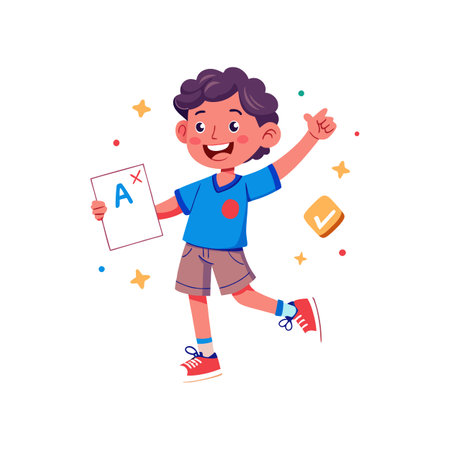 Happy Schoolboy with A+ Grade and Check Markのイラスト素材
